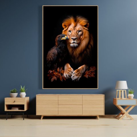 Quadro Decorativo Leão e a Águia Folhas de Outono Sala Quarto Casa Escritório