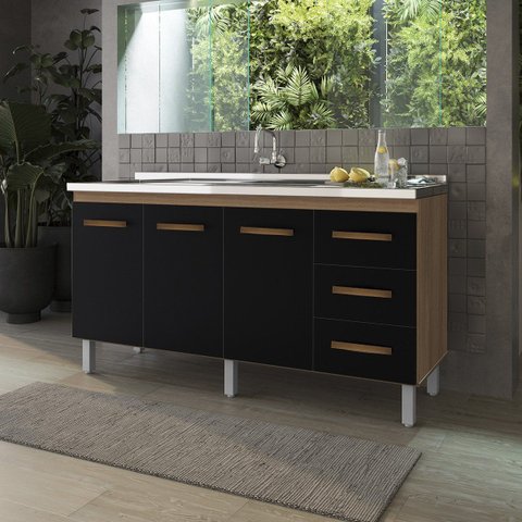 Balcão para Pia Emily sem Tampo 160 cm 3 Portas 3 Gavetas: Savana Preto