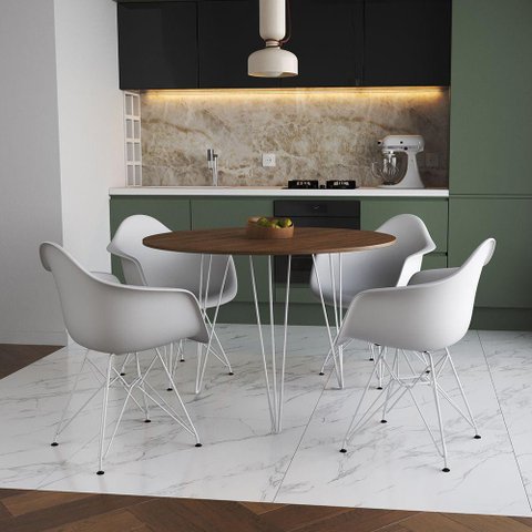 Mesa Jantar Redonda 110cm Amêndoa Clips 3 Pés com 4 Poltronas Brancas Ferro Branco Marrom