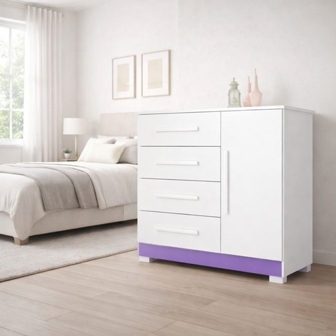 Cômoda para Quarto Sapateira Malibú 4 Gavetas Porta e Prateleira Interna - JM3 Móveis:Branco/Lilas