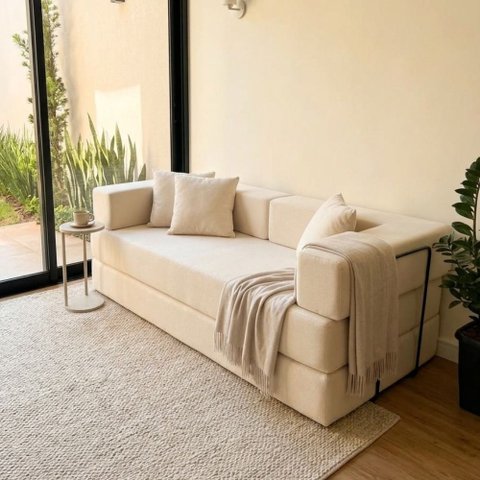 Sofá Loft na Caixa a Vácuo Moderno 2 Lugares 160cm Compacto Bouclê Bege Creme - Vimont Moveis