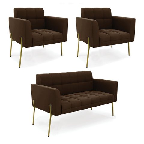 Sofá Namoradeira e 2 Poltronas Pé de Ferro Dourado Elisa Suede D03 - D’Rossi