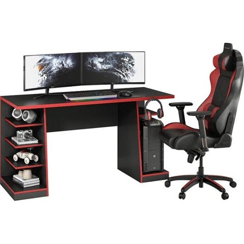 Mesa Gamer 4 Prateleiras e Suporte para Headset/fone de Ouvido Notável - Preto/vermelho