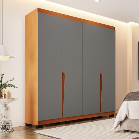 Roupeiro Solteiro Porto 4 Portas 4 Gavetas 161x214cm Freijó/Cinza 240824