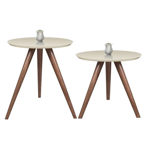 Jogo de 2 Mesa de canto Cor Off White Com Vidro Pé Palito 60/70 - Off White 50 Cm