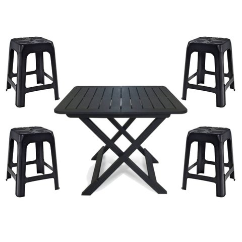 Mesa Quadrada Dobrável 80x72cm Preta + 4 Banquetas Empilháveis