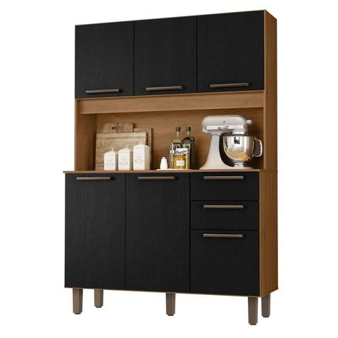 Armário para Cozinha Kit Pop 120 Cm 6 Portas 2 Gavetas Cinamomo Preto Catedral Fosco - Zanzini