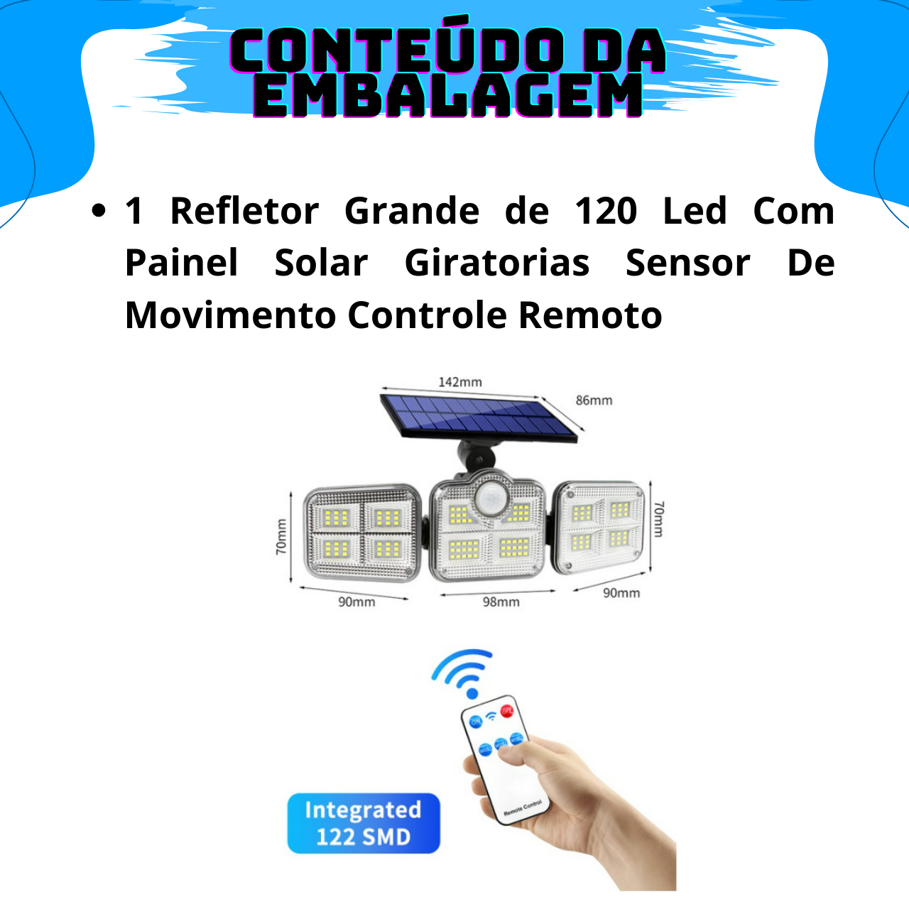 Refletor Grande de 120 Led com Painel Solar Giratório Sensor de Movimento Controle Remoto - 8