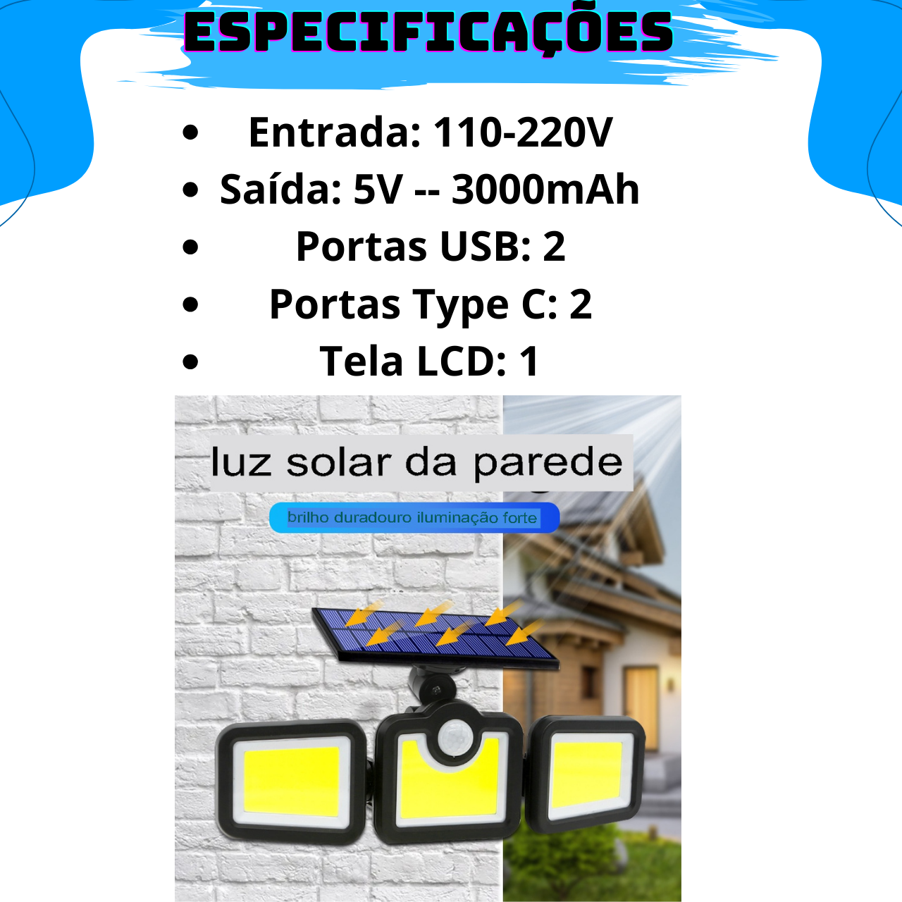 Refletor Grande de 120 Led com Painel Solar Giratório Sensor de Movimento Controle Remoto - 6