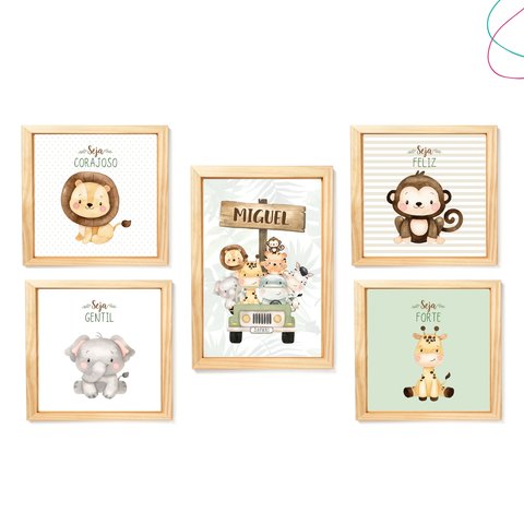 Kit 5 Quadros Decorativos Safari Baby Aquarela Bege:pinus