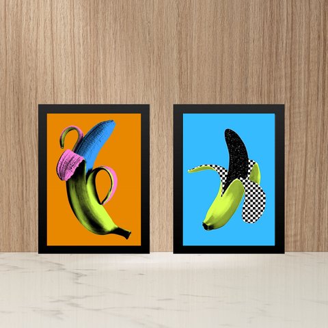 Kit 2 Quadros Modernos para Cozinha - Bananas 24x18cm:moldura Preta