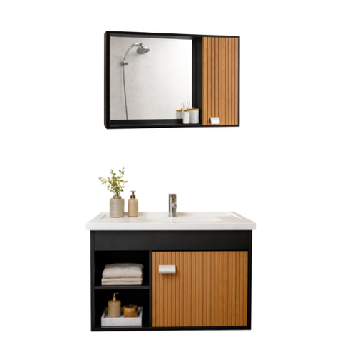 Kit de Banheiro Gabinete com Cuba + Espelheira Suspensa com Espelho Cannes:preto/ripado
