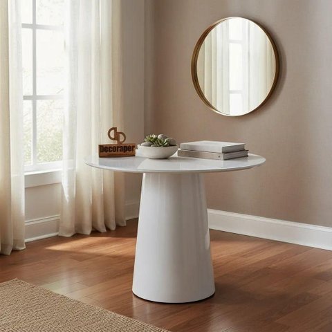 Mesa de Canto Cone Laqueado Redondo Vidro MDF 70cm Off White