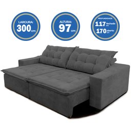 Sofá Amazonas 3 metros Retrátil com Molas Suede Veludo Light Cinza - Sofá na Web - 7