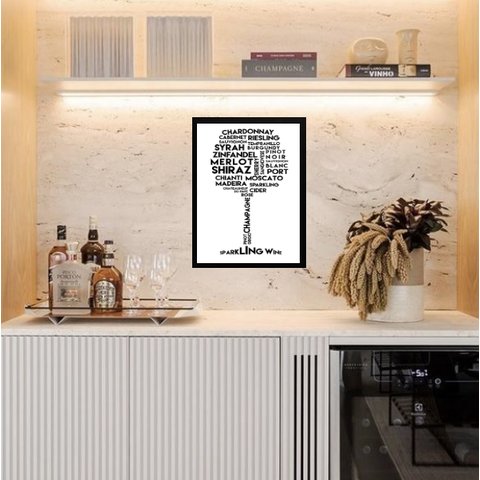 Quadro Minimalista Tipos de Vinho 45x34cm:madeira Preta