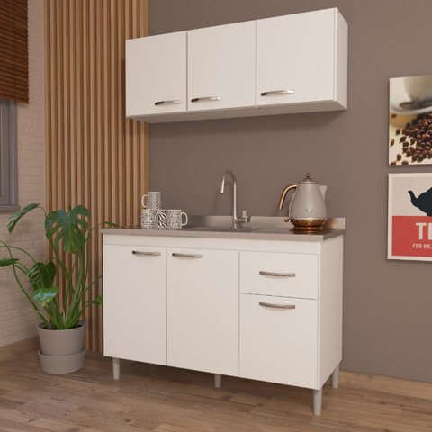 Cozinha Plus 1,20 Armário Aéreo e Balcão de Pia Branco