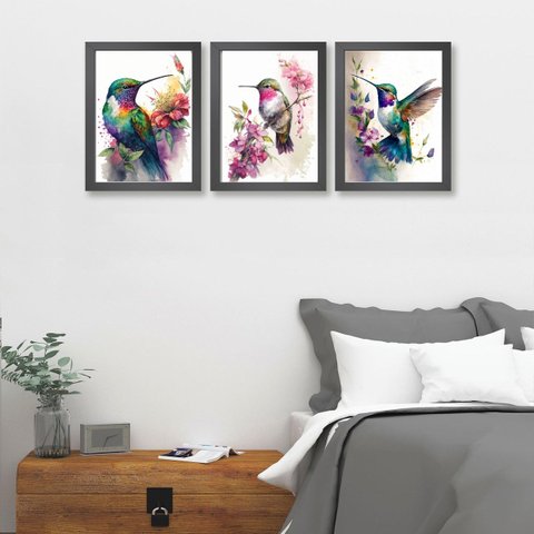 Kit 3 Quadros Decorativos Aquarelas Beija-flores 45x34cm:madeira Branca