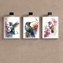 Ver imagem 2 de Kit 3 Quadros Decorativos Aquarelas Beija-flores 45x34cm:madeira Branca