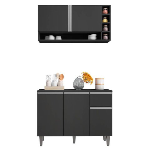 Balcão Gabinete de Cozinha e Armário Aéreo Vanessa Cinza Escuro - Desk Design