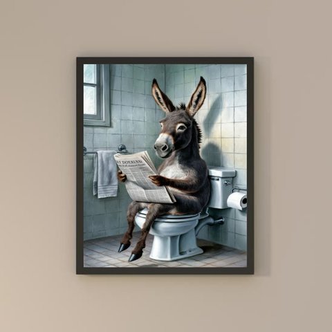 Quadro Divertido Banheiro Burro Lendo Jornal 33x24cm:moldura Branca