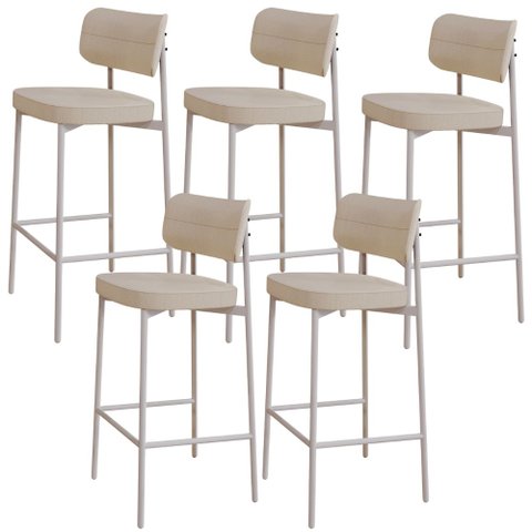 Kit 05 Banquetas Alta Bar Cozinha Sala de Jantar Aço Branco Kaira C01 Linho Areia - Lyam Decor
