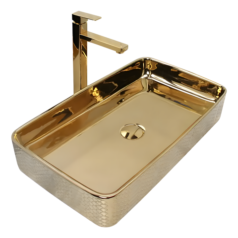 Cuba Pia Louça Cerâmica Apoio Banheiro 61x35cm Luxo Gold