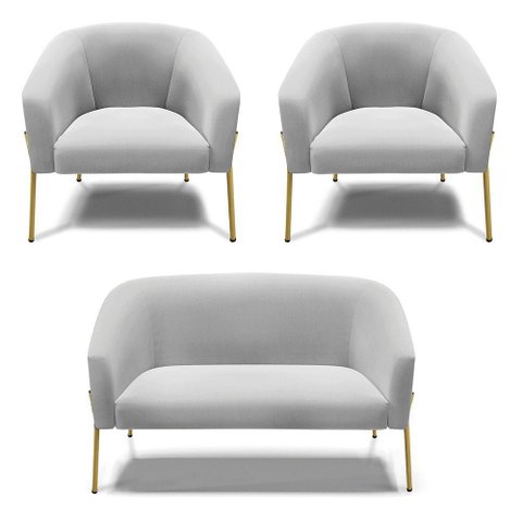 Sofá Namoradeira e 2 Poltronas Pé de Ferro Dourado Stella Suede D03 - D'Rossi Cor Cinza