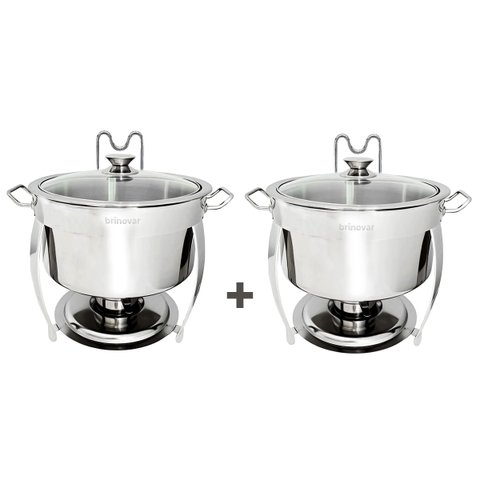 Kit 2 Rechaud Redondo Banho Maria Aço Inox 8 Litros com Tampa de Vidro Brinovar