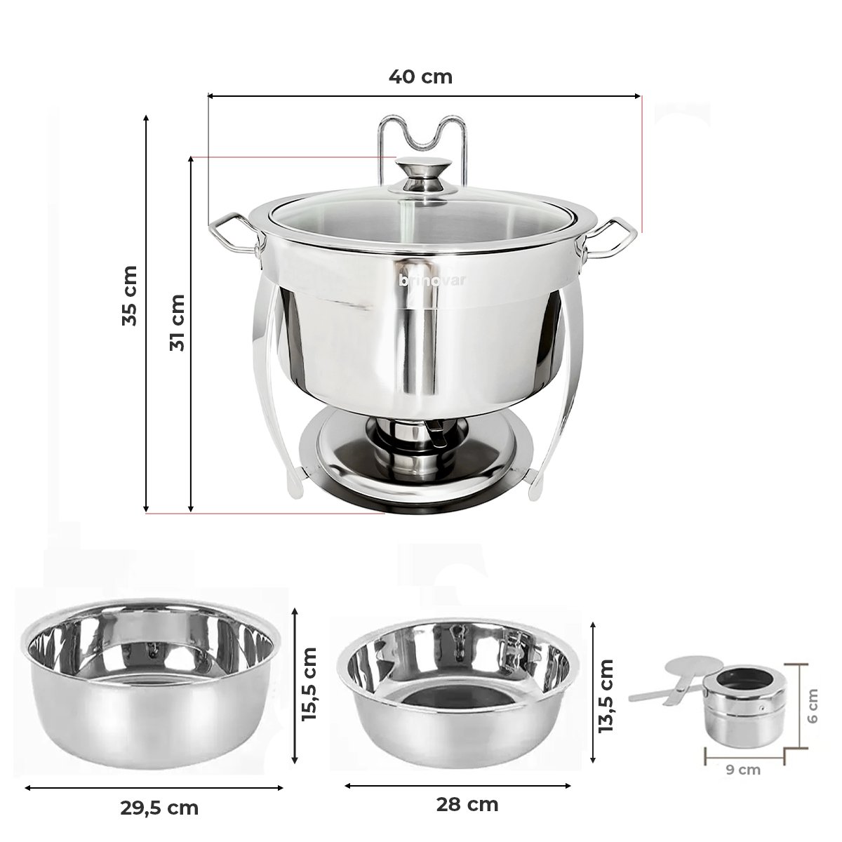 Kit 2 Rechaud Redondo Banho Maria Aço Inox 8 Litros com Tampa de Vidro Brinovar - 6