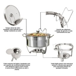 Kit 2 Rechaud Redondo Banho Maria Aço Inox 8 Litros com Tampa de Vidro Brinovar - 4