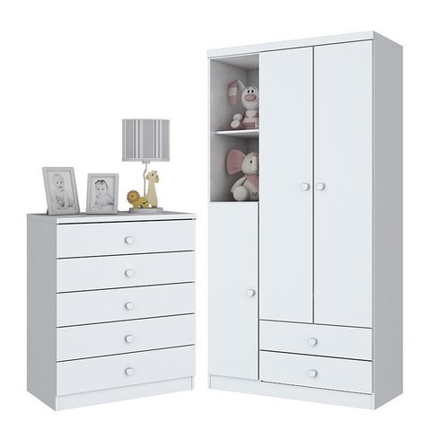 Jogo de Quarto Infantil Bala de Menta com Guarda Roupa e Cômoda Branco Brilho - Móveis Henn