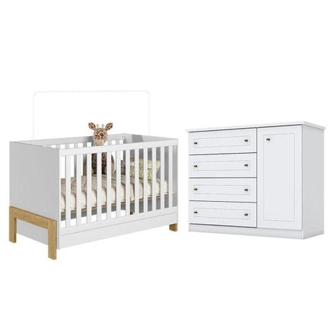 Berço Americano Mini Cama Fantasia Branco Acetinado - Qmovi e Cômoda Infantil Americano Branco Hp