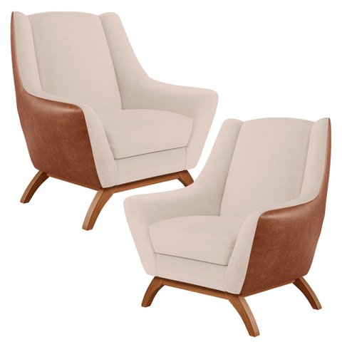 Kit 02 Poltronas Decorativas Base em Madeira Juliet D02 Courissímo Camel Linho Bege - Lyam Decor