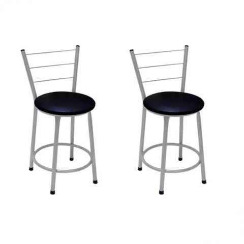 Kit 2 Banquetas Baixas Prata com Encosto Assento Preto