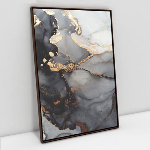 Quadro Decorativo em Canvas Abstrato Mármore Black Gray TaColado Moldura Flutuante 4,5cm Madeira 120