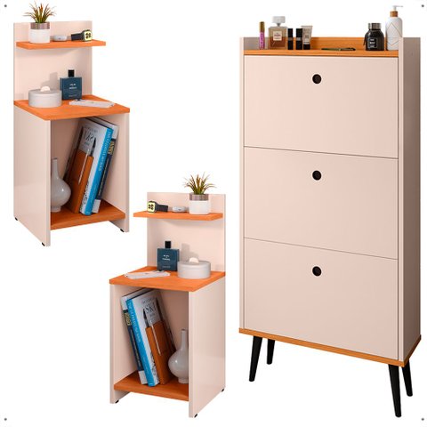 Kit Quarto Mesas Cabeceira Mesinha Lateral Sapateira Vertical Organizadora Off White/cinamomo - Rpm
