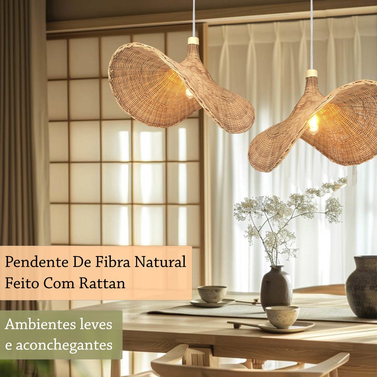 2 Pendente Fibra Natural Rattan Artesanal Mesa Nat80 - 3