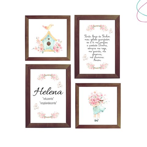 Kit 4 Quadros Decorativos Menina Aquarela Flores Passarinho:tabaco