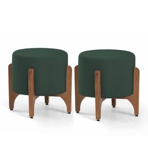 Conj.02 Puff Decorativo Redondo Pé Madeira Escandinavo - Suede Verde Militar