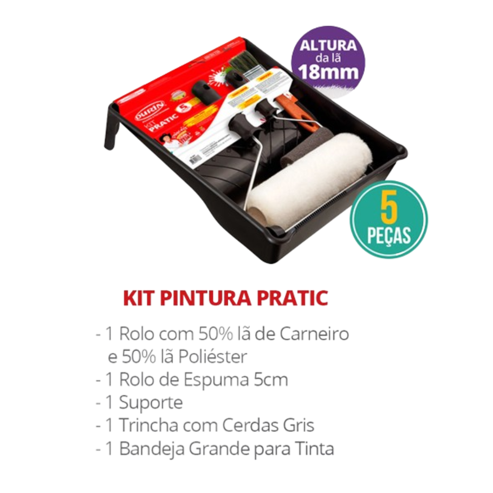 Kit Pintura Pratic 5 Peças Rolo de Lã e Suporte 23cm Bandeja Rolo 5cm e Pincel Gris Durín - 2