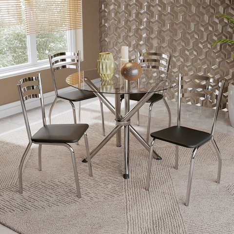 Conjunto Sala de Jantar 1 Mesa Tampo Vidro Redondo 4 Cadeiras Portugal