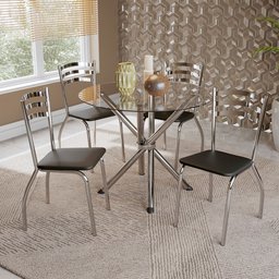 Conjunto Sala de Jantar 1 Mesa Tampo Vidro Redondo 4 Cadeiras Portugal - 1