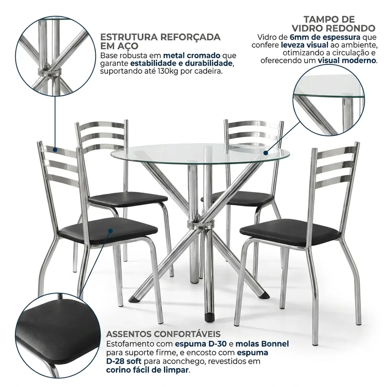 Ver imagem 5 de Conjunto Mesa 4 Cadeiras Estofadas em Aço para Sala de Jantar com Tampo Vidro Redondo Crome