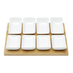 Conjunto 8 Petisqueiras de Porcelana com Tabúa de Bambu 20,5x16x3,5 - 1