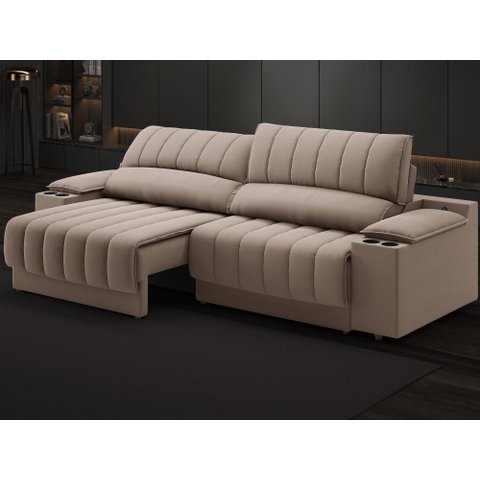 Sofá com Porta Copos Carregador USB Ret Rec Murano 2,30m Velosuede Marrom - NETSOFAS