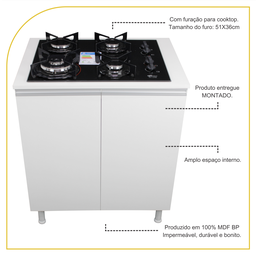 Balcão para Fogão Cooktop 60cm 100% Mdf 2 Portas para Cozinha - 3