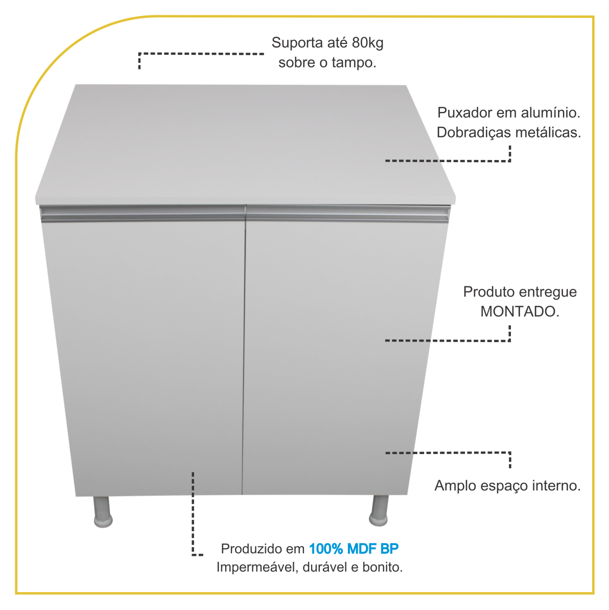 Balcão Multiuso 60cm 100% Mdf 2 Portas com Tampo para Cozinha - 3