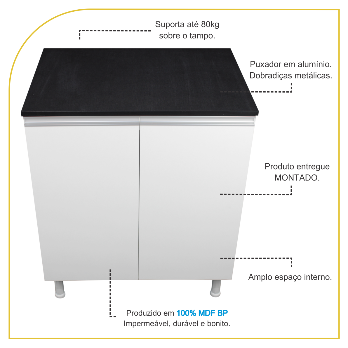 Balcão Multiuso 60cm 100% Mdf 2 Portas com Tampo para Cozinha - 3