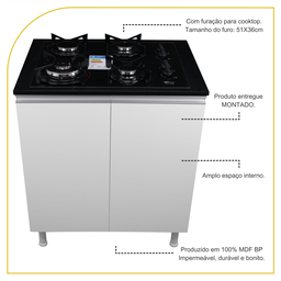 Balcão para Fogão Cooktop 70cm 100% Mdf 2 Portas para Cozinha - 3