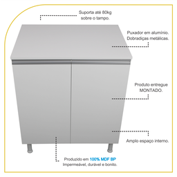 Balcão Multiuso 70cm 100% Mdf 2 Portas com Tampo para Cozinha - 3